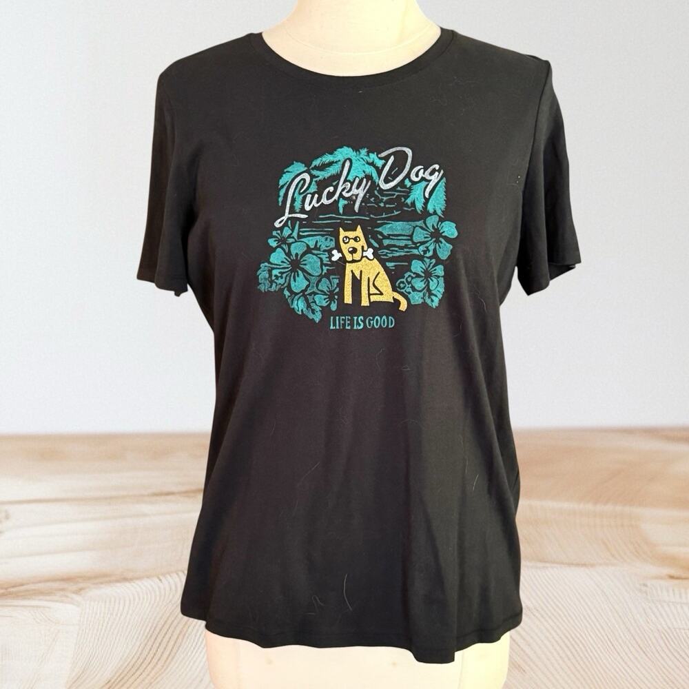Life is Good Lucky Dog Black T-Shirt Top Womens Sz M Short Sleeves Crusher Tee